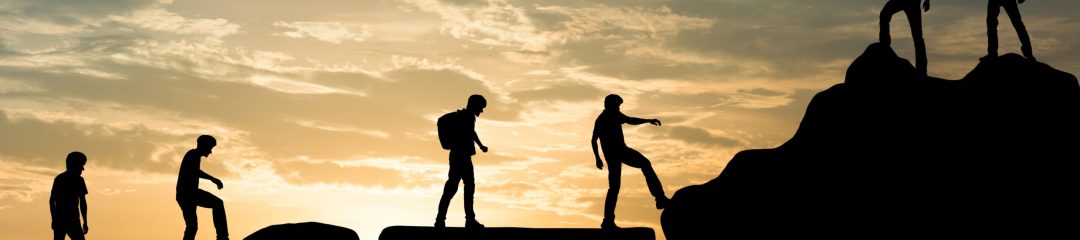 Group of people on peak mountain climbing helping team work , travel trekking success business concept